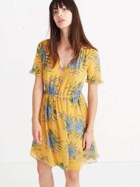 Madewell Sweetgrass Ruffle Sleeve Floral Yellow Mini Dress NWOT